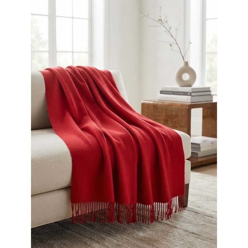 Restoration Hardware 100% Cashmere Red Fringe Throw Blanket Wrap 6'6"x4'2"